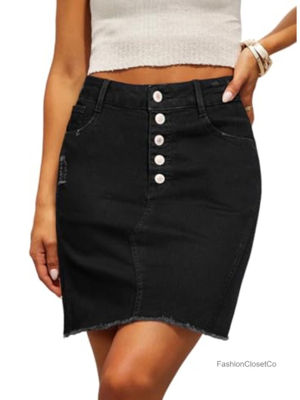 High Waisted Stretchy Denim Jean Skirt Button Fly Frayed Hem Bodycon Mini